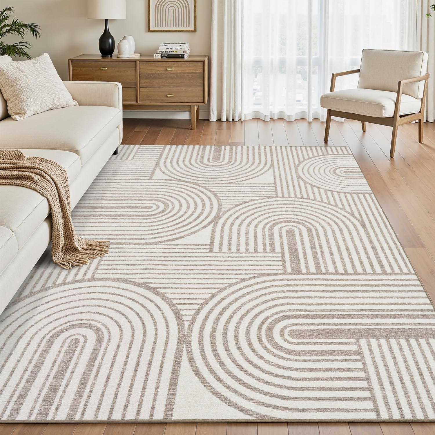 Beige Neutral 5X7 Area Rugs Textured Tufted Rugs for Living Room Bedroom Rug-Carpet Cream Ivory Washable Geometric Moroccan Modern Rug