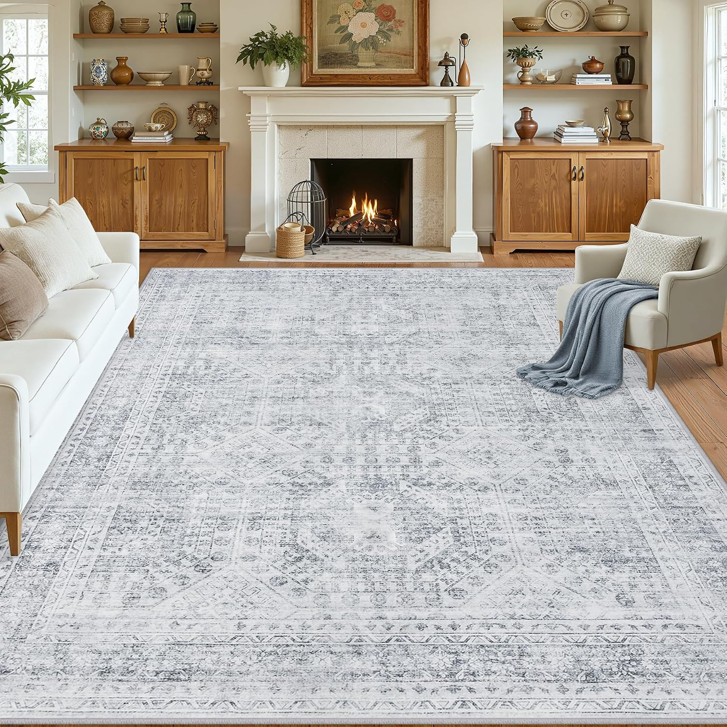 10X14 Area Rug for Living Room: Vintage Boho Neutral Washable Rug Indoor Soft Large Area Rug Carpet for Bedroom Nursery Farmhouse Dining Room Office Floor Non-Slip Low Pile under Table Rug Gray - Image 8