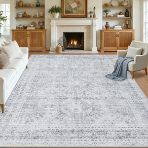 Area Rugs 9X12 Living Room: Vintage Boho Neutral Washable Rug Indoor Soft Large Area Rug Carpet for Bedroom Nursery Farmhouse Dining Room Office Floor Non-Slip Low Pile under Table Rug Gray