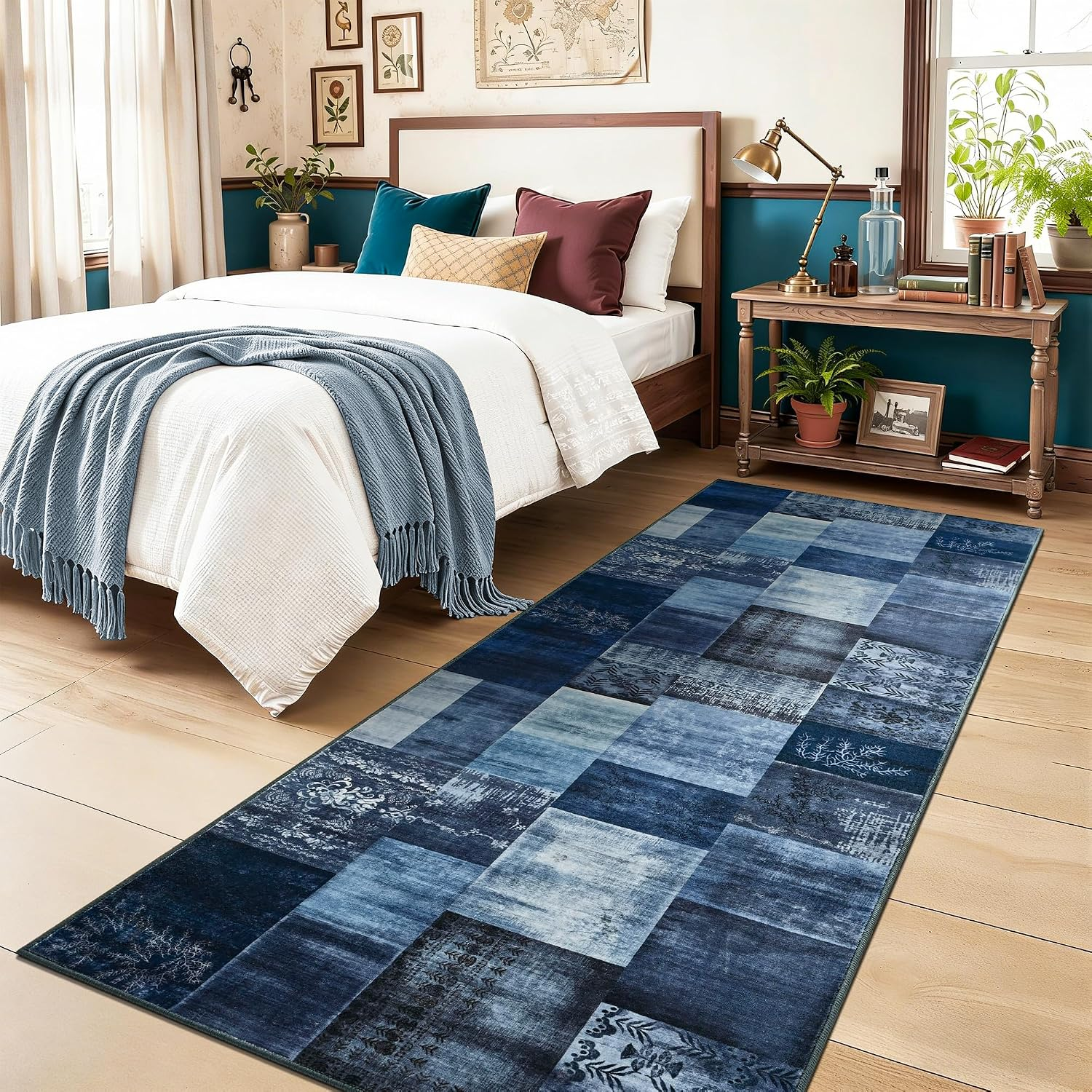 Modern Runner Rug for Living Room, 2X6 Washable Rugs for Bedroom Hallway, Geometric Patchwork Runner Rug Non-Slip Indoor Throw Carpet for Entryway Kitchen Office Home Decor, Blue - Image 3