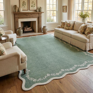 5X7 Scalloped Area Rug Sage Green Washable Rugs for Living Room Bedroom, Soft Low Pile Non Slip Accent Floor Mat Solid Floral Print Throw Rug Indoor Carpet for Dorm Playroom