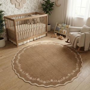 round Area Rugs 5Ft for Bedroom, Solid Brown Washable Circle Rug Soft Non Slip Floral Print Floor Mat Carpet Indoor Thin Rug for Kids Room Dining Room Playroom Nursery