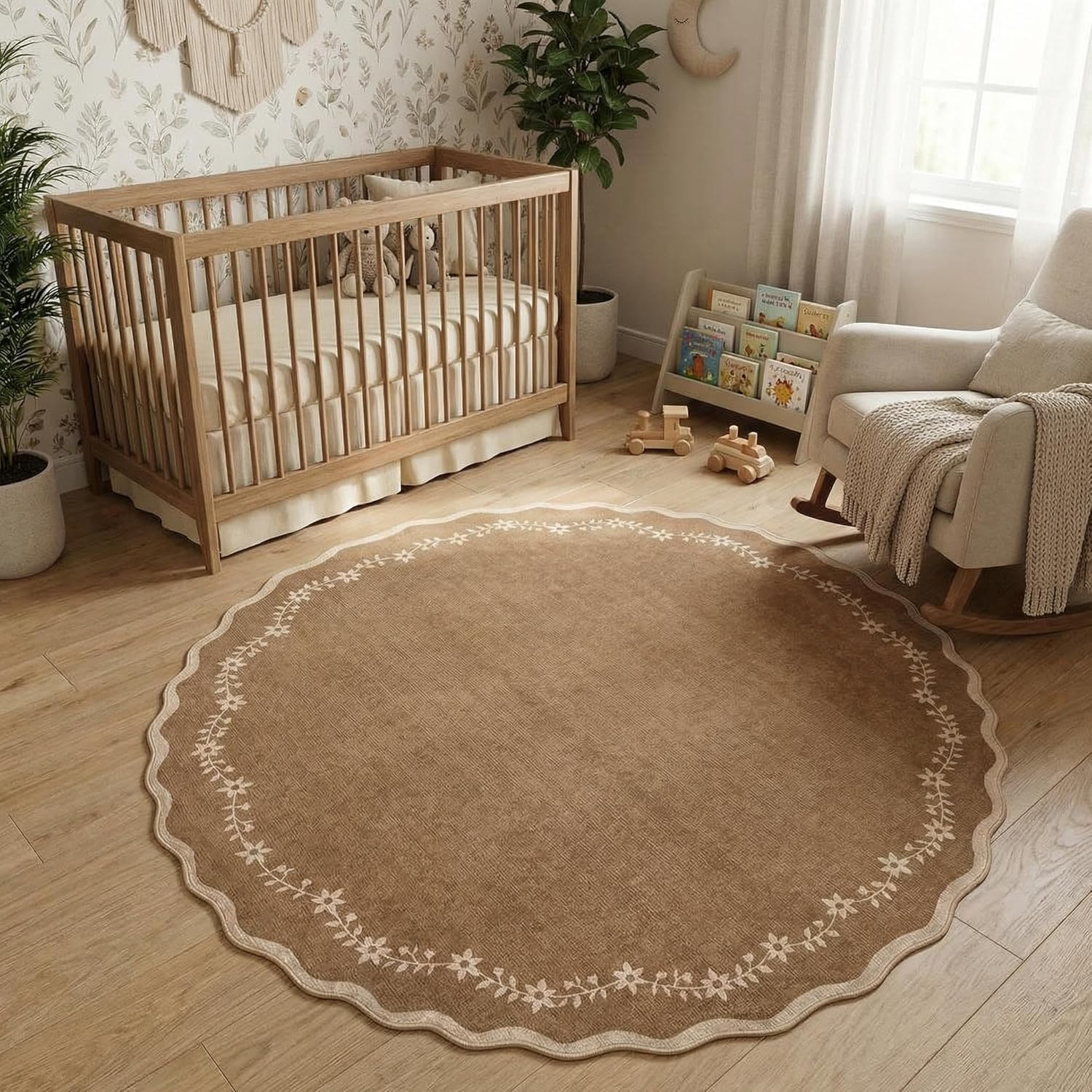 round Area Rugs 6Ft for Bedroom, Solid Brown Washable Circle Rug Soft Non Slip Floral Print Floor Mat Leaves Carpet Indoor Thin Rug for Living Room Dining Room Playroom Nursery - Image 3