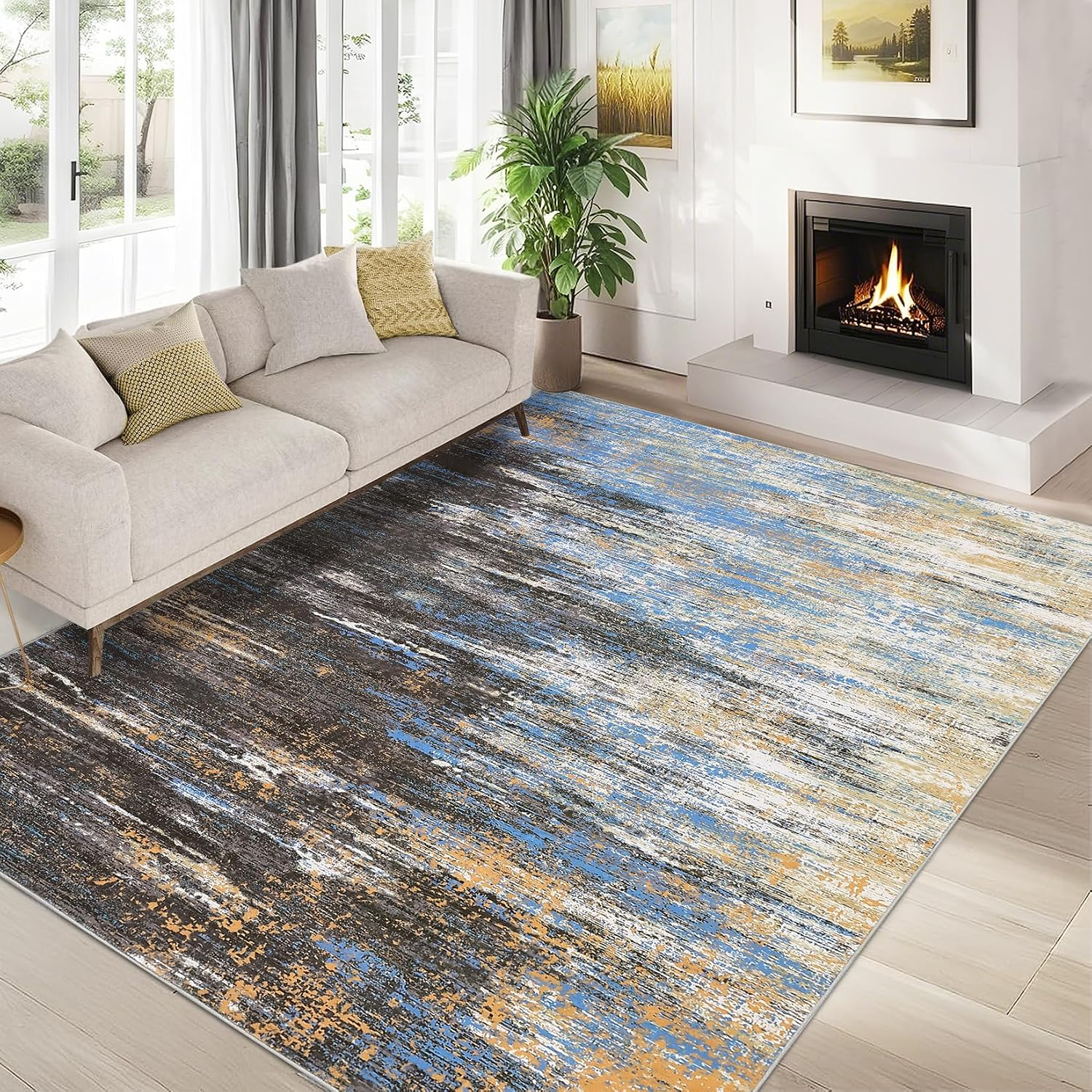 Modern Abstract Living Room Rug 10X13, Machine Washable Large Carpet, Non Slip Low Pile Throw Rug, Ultra Soft Indoor Floor Carpet for Bedroom Dining Room Table Home Decor, Blue/Brown - Image 8