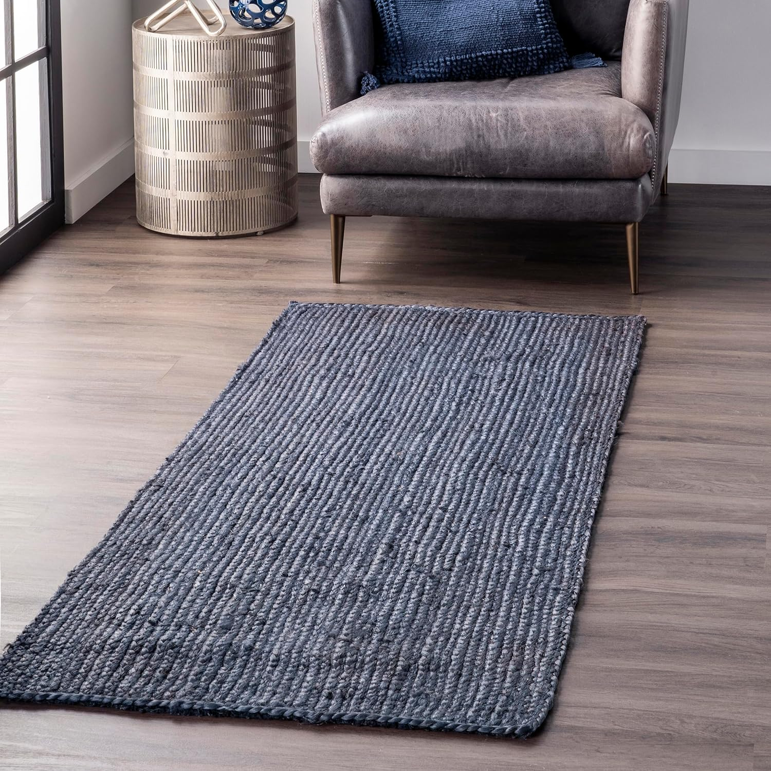 2X8 Rigo Jute Hand Woven Area Rug, Navy, Solid Farmhouse Design, Natural Fiber, for Bedroom, Living Room, Dining Room, Hallway, Office, Kitchen, Entryway