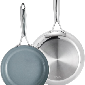 Valencia Pro Tri-Ply Stainless Steel 8” & 10” Frying Pan Skillet Set, Pfas-Free Ceramic Nonstick Coating, Induction Ready Cookware, All Cooktops, Eggs & Omelets, Dishwasher & Oven Safe 600F