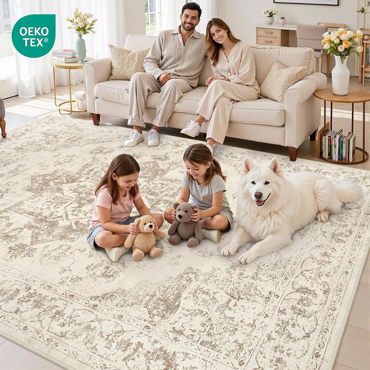 Area Rugs 9X12 Living Room: Vintage Boho Neutral Washable Rug Indoor Soft Large Area Rug Carpet for Bedroom Nursery Farmhouse Dining Room Office Floor Non-Slip Low Pile under Table Rug Beige/Ivory - Image 7