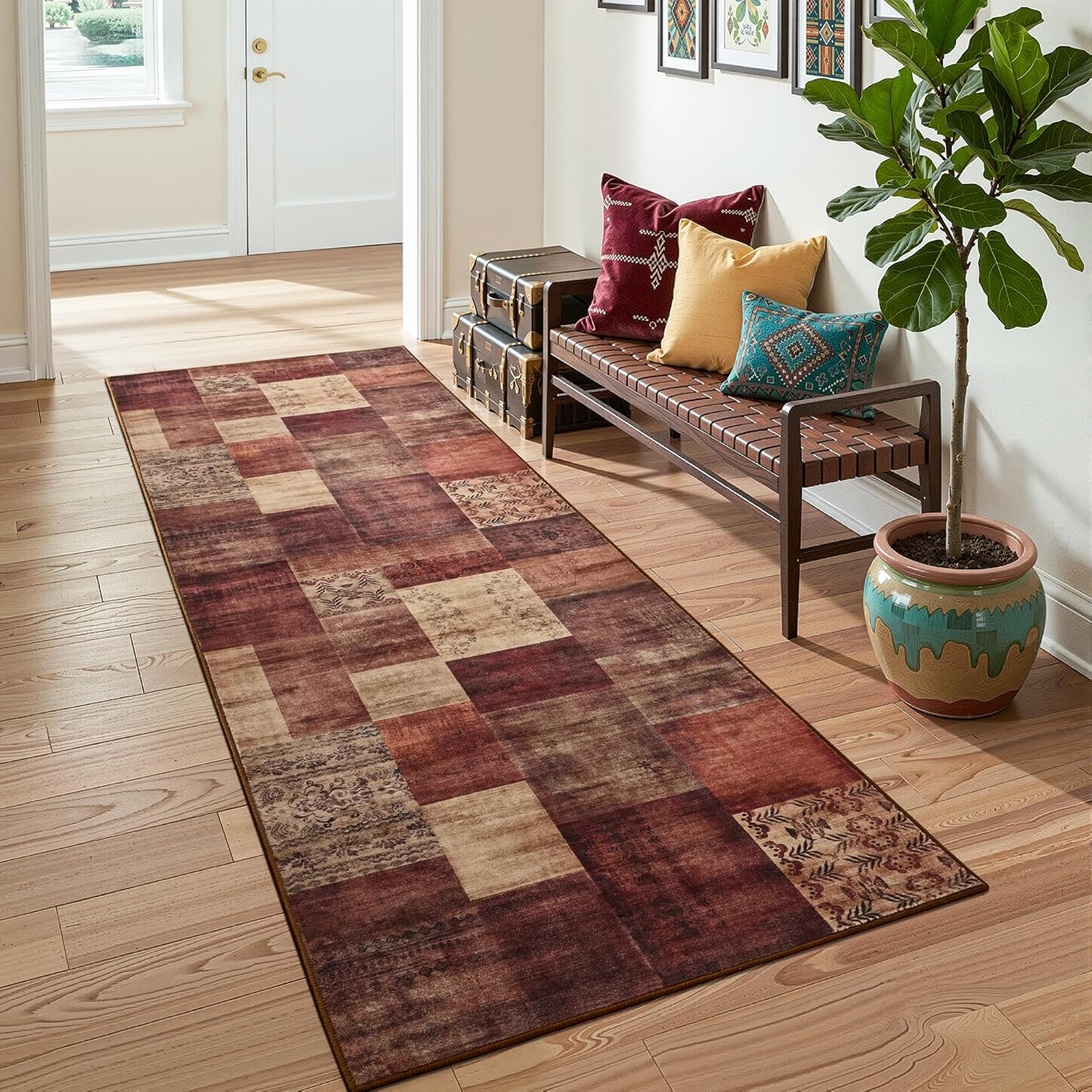 Modern Runner Rug for Living Room, 2X6 Washable Rugs for Bedroom Hallway, Geometric Patchwork Runner Rug Non-Slip Indoor Throw Carpet for Entryway Kitchen Office Home Decor, Red - Image 2