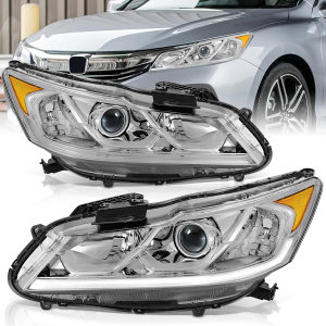 Headlight Assembly Compatible with 2016-2017 Honda Accord Sedan EX EX-L Sport LED DRL Projector Headlamps Left Right Side Factory Style Replacement Chrome Housing Amber Side HO2502169 HO2503169