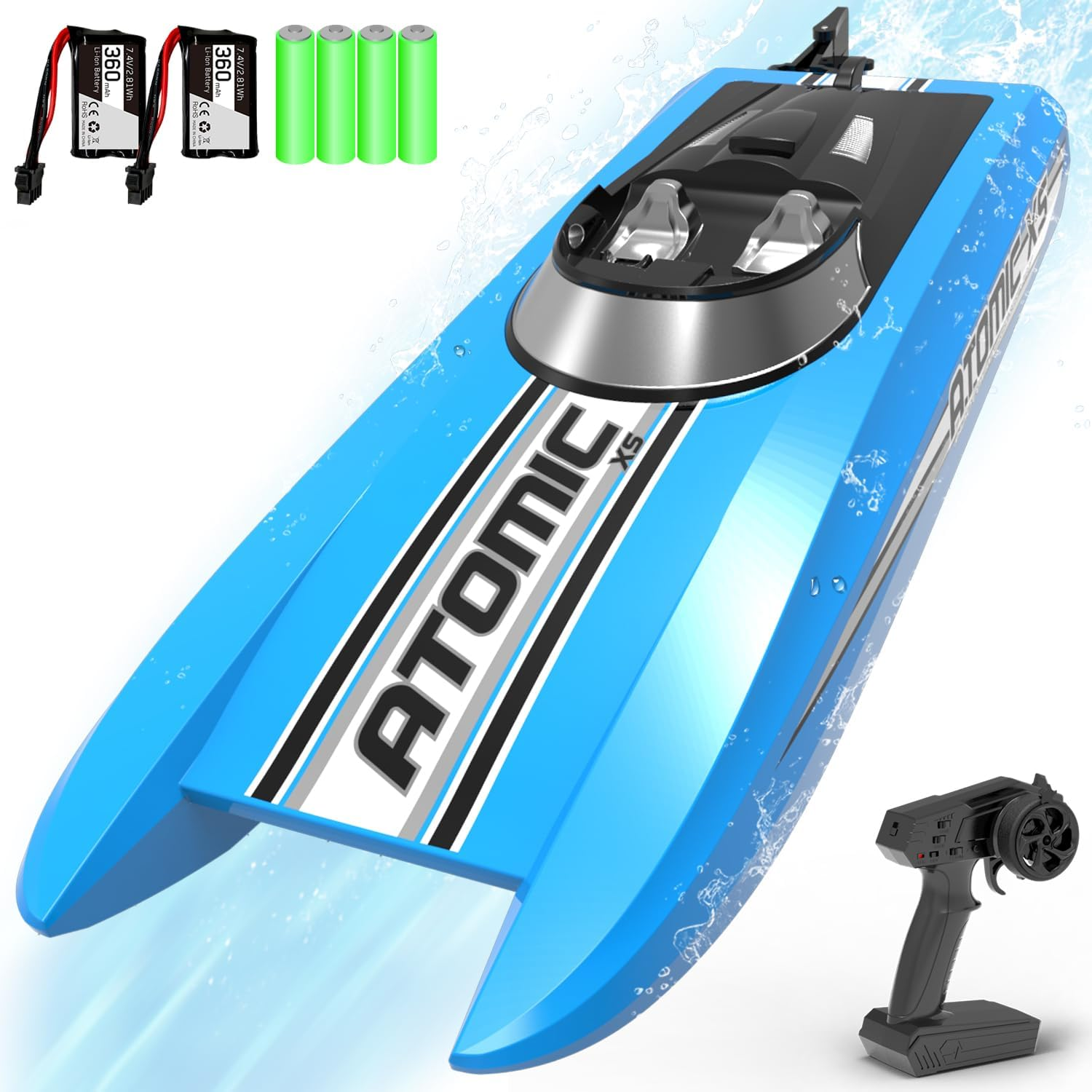 Remote Control Boats for Pools and Lakes 20+MPH Atomicxs High Speed RC Boat for Adults Toy Boat Gifts with 2 Batteries & Reverse Function (795-5 Blue)