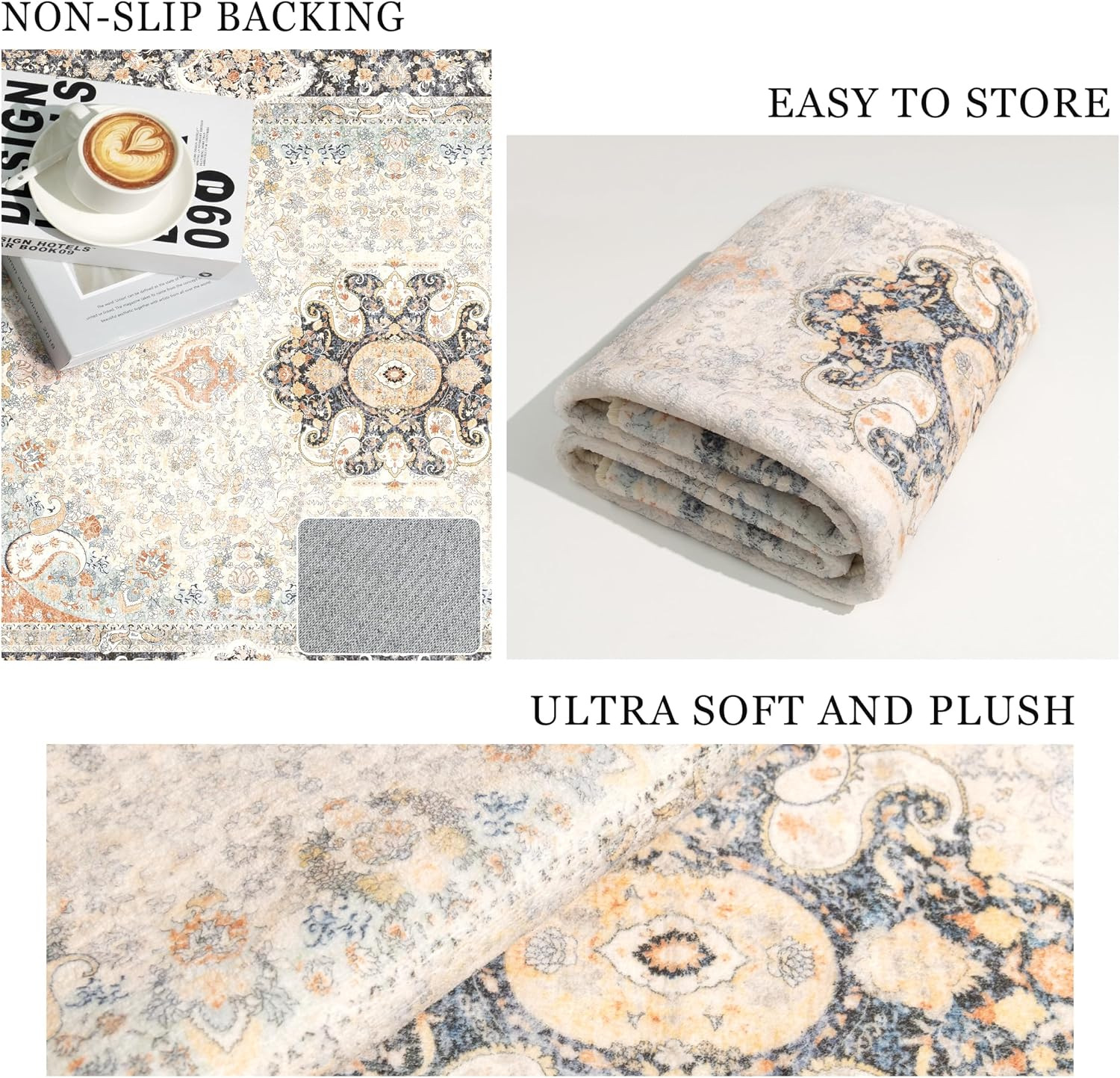 8X10 Area Rugs Washable,Vintage Rug for Living Room Bedroom Dining Room,Large Boho Bohemian Distressed Carpet Non Slip,Retro Blue Grey Floral - Image 6