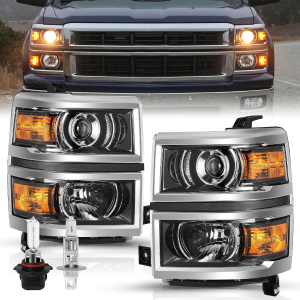for 2014 2015 Chevy Silverado 1500 Projector Headlight Assembly Pair Halogen Factory OE Style Pair Set Replacement Front Lamps with Bulbs