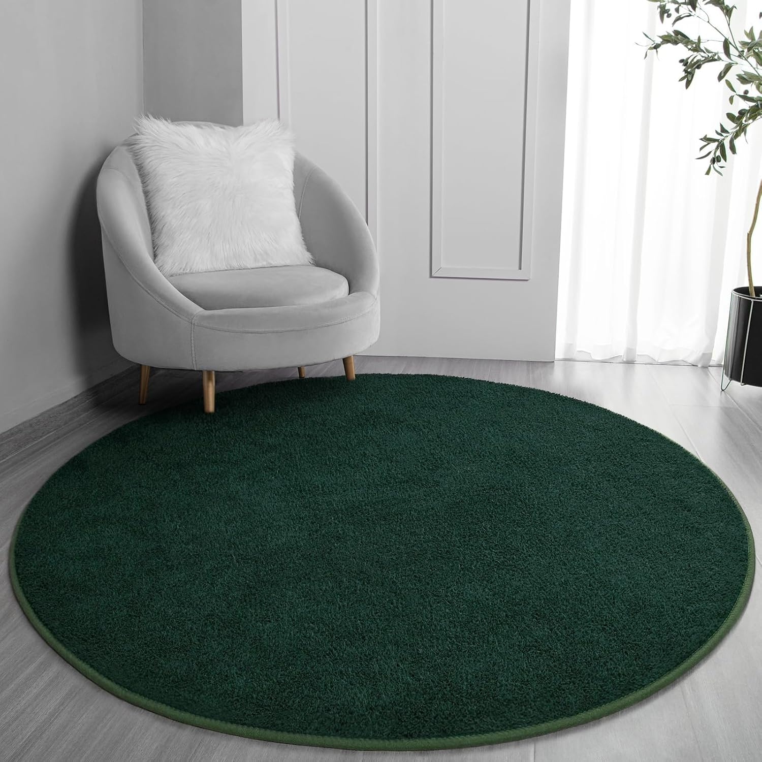 round Area Rugs for Bedroom Living Room, 6X6 Dark Green Super Soft Comfy Thickened Memory-Foam Indoor Circle Carpet, Modern Aesthetic Minimalist Carpet for Boys Girls Adults Nursery Home Décor