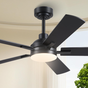 Ceiling Fans with Lights - 52Inch Low Profile Flush Mount Ceiling Fan with Light and Remote Control, DC Reversible Motor, Dimmable, 6 Speeds Ceiling Fan for Bedroom, Kitchen, Black