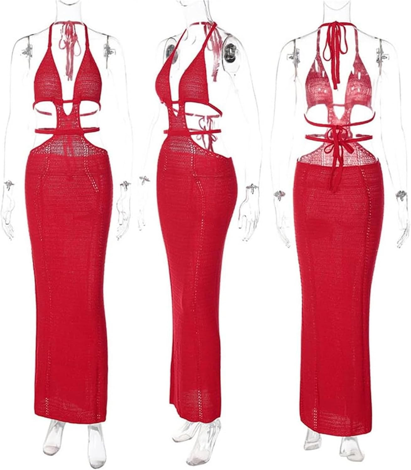 Women Sexy Crochet Maxi Dress Cut Out Halter V Neck Backless Knit Bodycon Long Dress Summer Beach Evening Party Dresses - Image 6