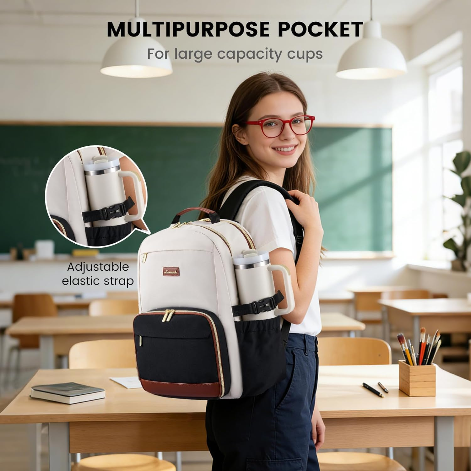 Lunch Backpack with Lunch Compartment,15.6Inch Laptop Work Travel Insulated Cooler Backpack,Waterproof College Teacher Lunch Bag Box with Tumbler Holder,Gifts for Men Women,Khaki-Coffee-Black - Image 3
