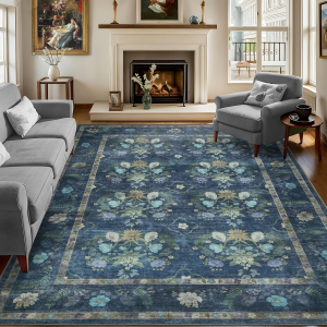 5X7 Floral Washable Area Rug for Living Room,Low Pile Non Slip Girls Carpet Non-Shedding Area Rug Soft Indoor Stain Resistant Rug Vintage Kids Mat for Bedroom Dining Room Blue Floral