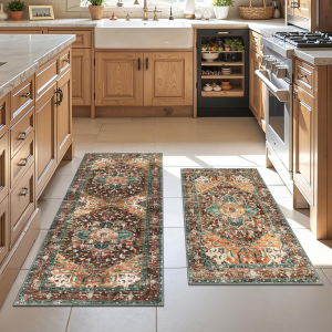 Washable Kitchen Runner Rug Set of 2, Non-Slip Boho Vintage Hallway Rug Runner with Rubber Backing, Stain Resistant & Low Pile Distressed Carpet Runner for Bedroom, Kitchen, Laundry, Entrance