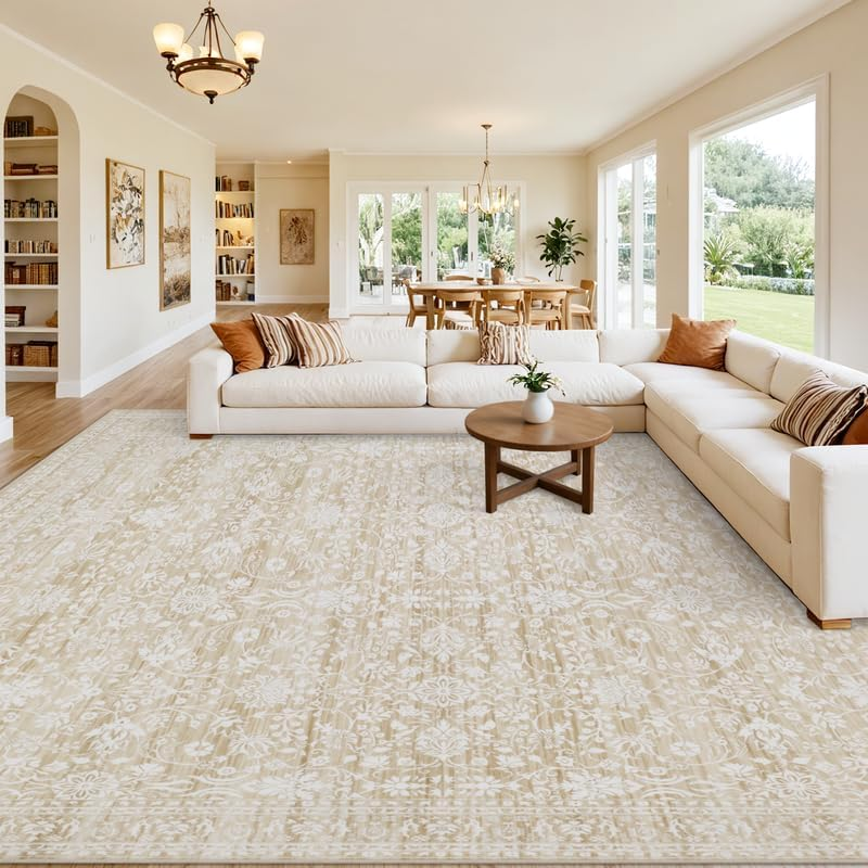 Area Rugs 9X12 Living Room: Vintage Boho Neutral Washable Rug Indoor Soft Large Area Rug Carpet for Bedroom Nursery Farmhouse Dining Room Office Floor Non-Slip Low Pile under Table Natural Beige - Image 8
