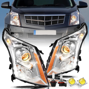 Halogen Headlight Assembly for 2010-2016 Cadillac SRX 10 11 12 13 14 15 16 OE Style Projector Chrome Housing Headlamp Pair Side Pair Set with All Bulbs