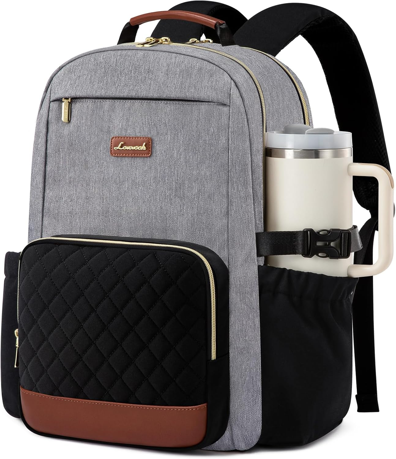 Laptop Backpack for Women with Pouch Pocket for Large Capacity Cup,15.6 Inch Teacher Nurse College Work Travel Backpack Purse,Waterproof Laptop Computer Bags,Grey-Black-Brown+Diamond-Shaped
