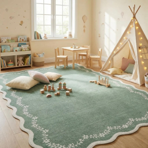 4X6 Green Scalloped Washable Area Rug for Nursery Room, Solid Floral Soft Bedroom Rug Non Slip Low Pile Small Carpet Stain Resistant Throw Rug for Dorm Kids Room Office Dining Room