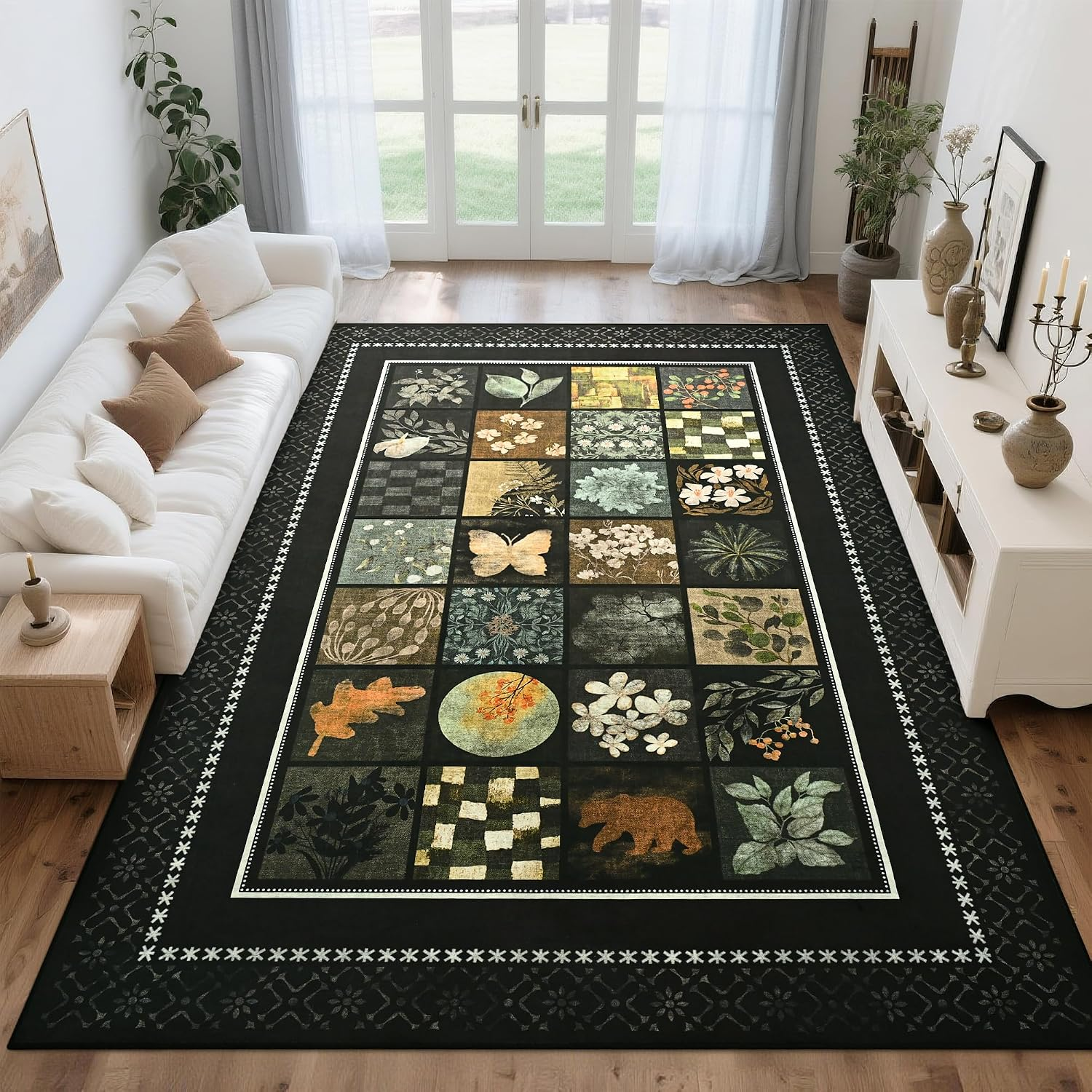 5X7 Area Rugs for Living Room, Modern Large Geometric Rug for Bedroom, Washable Patchwork Rug Indoor Non Slip Throw Carpets for Dining Room Office Farmhouse Home Decor, Black