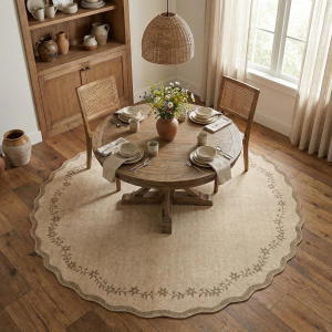round Area Rugs 6Ft for Bedroom, Solid Jute Washable Circle Rug Soft Non Slip Floral Print Floor Mat Tan Leaves Carpet Indoor Thin Rug for Living Room Dining Room Playroom Nursery