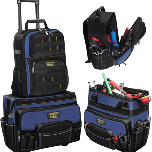 21" Rolling Tool Bag with Wheels & 18" Tool Backpack Set | Adjustable Telescoping Handle | Waterproof Tool Bag | Tool Backpack Heavy Duty | 1680D Oxford Cloth | USB Charging Port | 55 Pockets