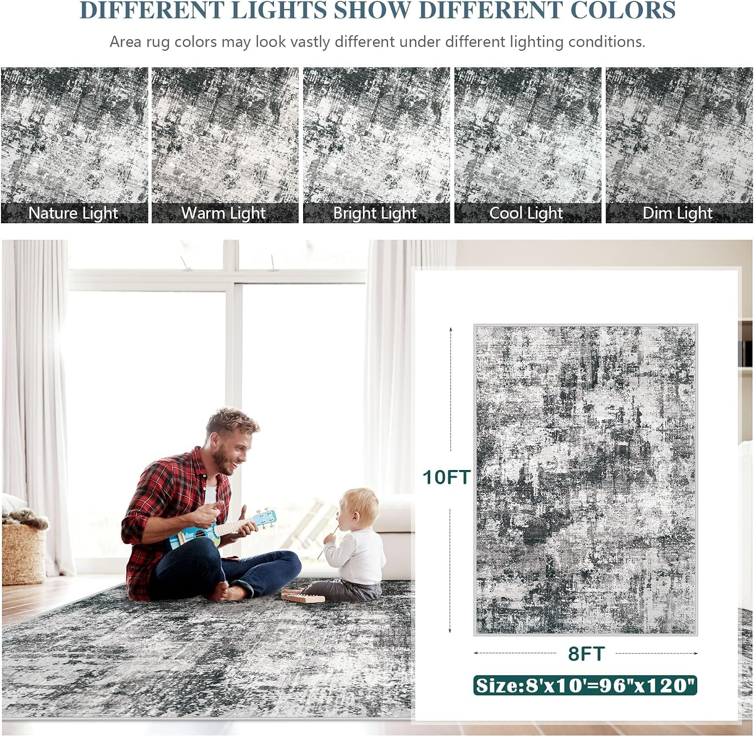 8X10 Area Rug for Living Room: Washable Abstract Soft Rugs Non Slip Modern Stain Resistant Low Pile Carpet for Dining Room Bedroom Nursery Office (Black Grey, 8'X10') - Image 2
