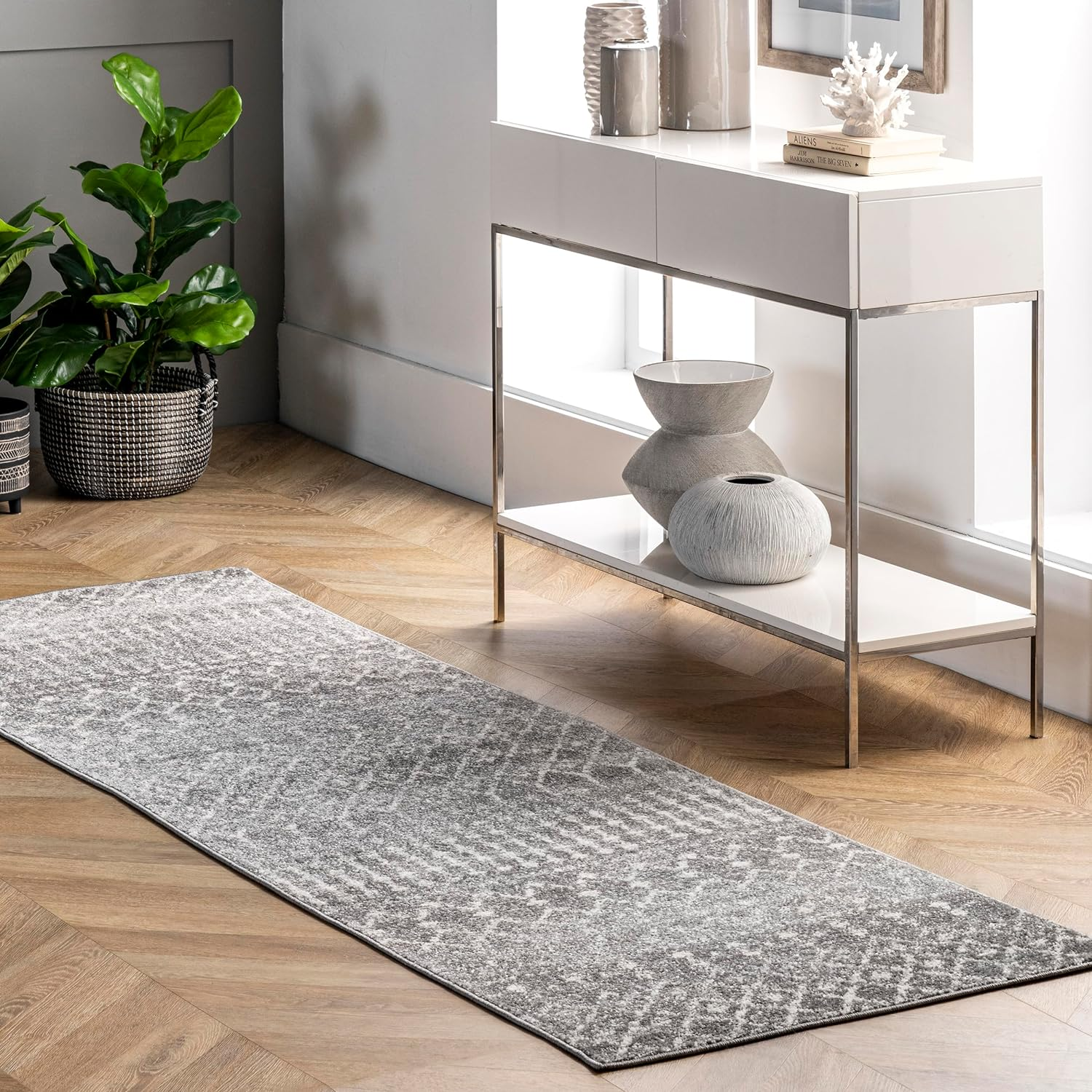 2X12 Moroccan Blythe Area Rug, Dark Grey, Faded Bohemian Design, Stain Resistant, for Bedroom, Dining Room, Living Room, Hallway, Office, Kitchen, Entryway