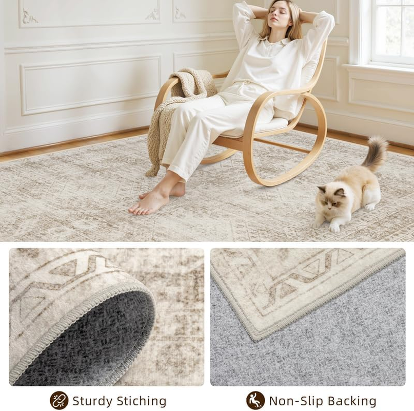 10X14 Area Rug for Living Room: Vintage Boho Neutral Washable Rug Indoor Soft Large Area Rug Carpet for Bedroom Nursery Farmhouse Dining Room Office Floor Non-Slip Low Pile under Table Rug Brown - Image 4