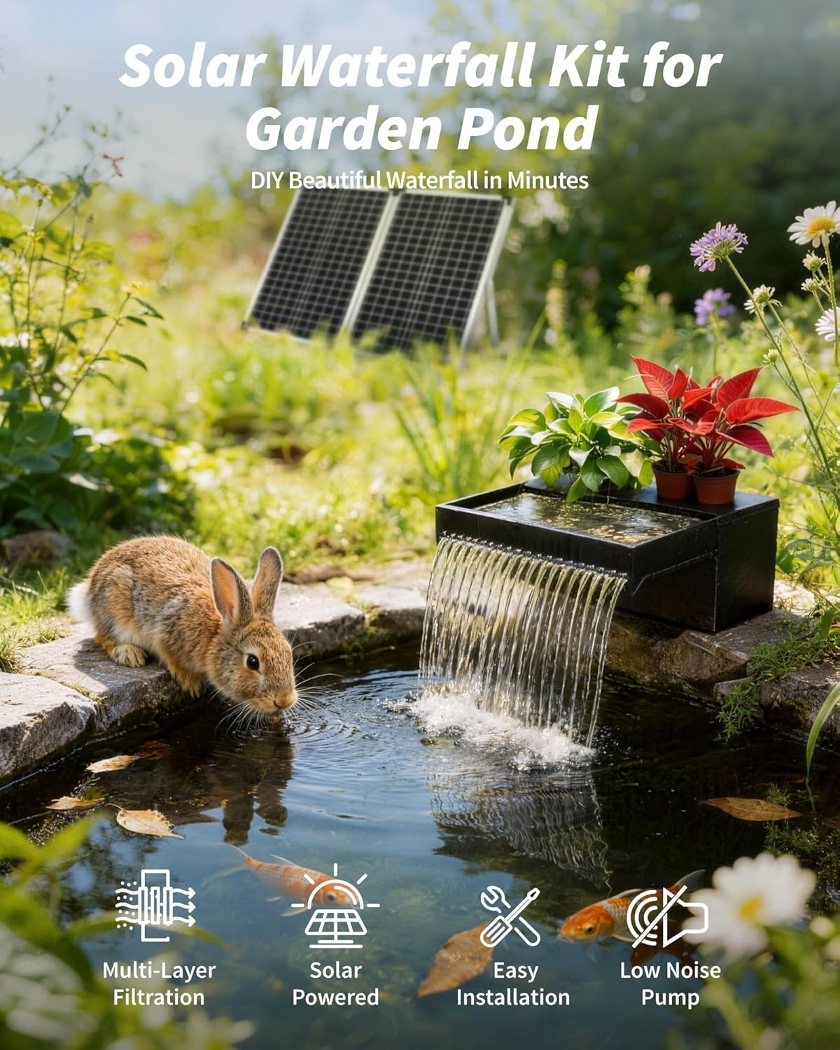 55W Solar Pond Waterfall Spillway with Fountain Pump, 304 Stainless Steel & Filtration System Pond Waterfall, 9.8FT Tubing for Koi Ponds, Garden Fountains & Landscape Water Features-P5552S - Image 2