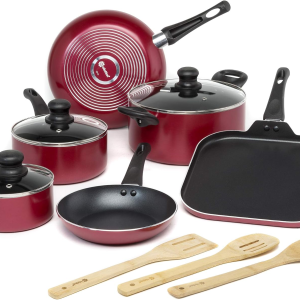 Easy Clean Nonstick Cookware Set, Dishwasher Safe Kitchen Pots and Pans Set, Comfort Grip Handle, Even Heating, Ultimate Food Release, 12-Piece, Red