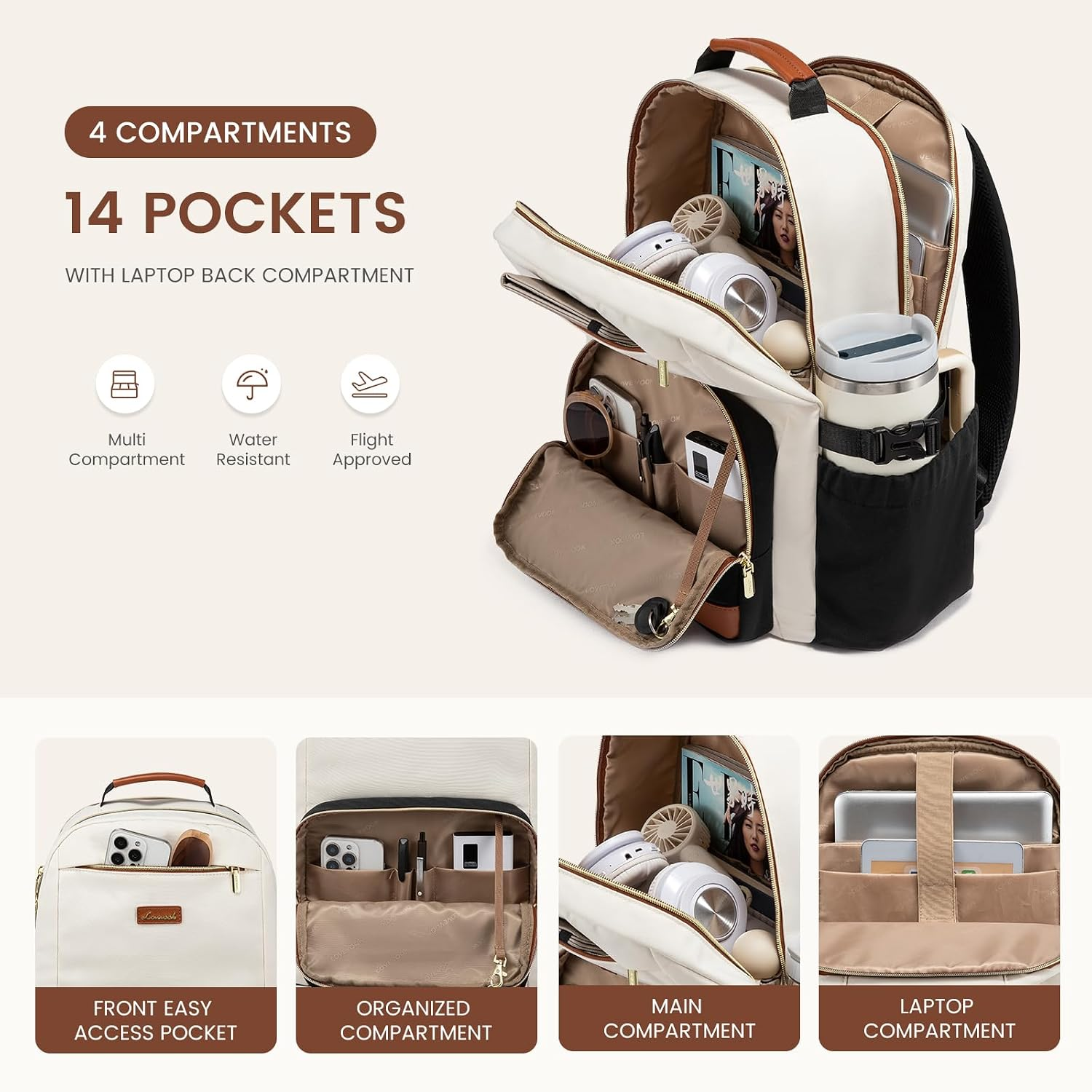 Laptop Backpack for Women with Pouch Pocket for Large Capacity Cup,18 Inch Teacher Nurse College Work Travel Backpack Purse,Waterproof Laptop Computer Bags,Beige-Black-Brown+Diamond-Shaped - Image 3