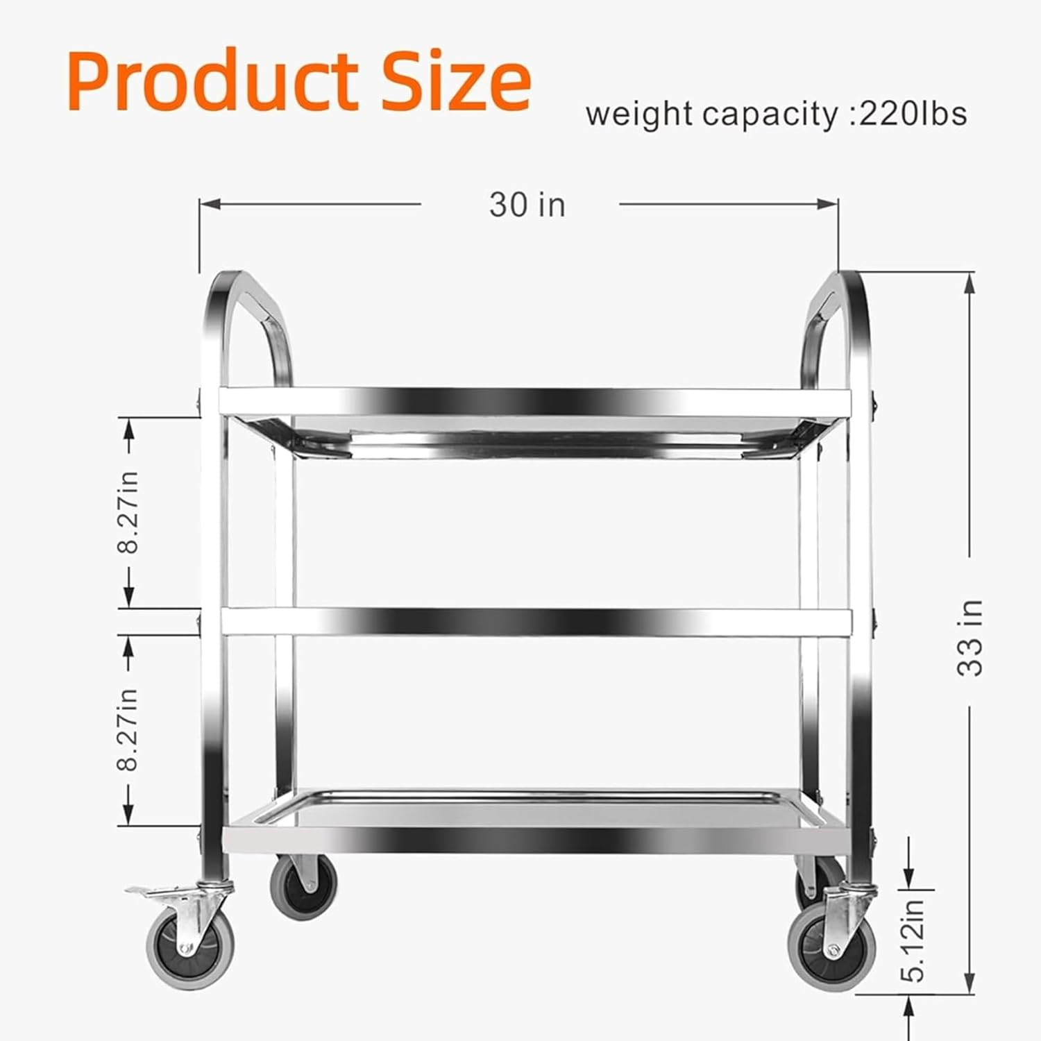 3 Tier Stainless Steel Utility Cart L30 X W16 X H33 Inch Kitchen Rolling Carts with Wheels Serving Trolley Catering Storage Shelf with 2 Lockable Wheels for Hotel Restaurant Home Use - Image 2