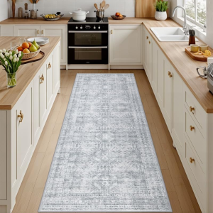2'6''X8' Hallway Washable Runner Rug: Vintage Boho Neutral Kitchen Rug Soft Small Area Rug Indoor Floor Non-Slip Low Pile Carpet for Farmhouse Entryway Laundry Bathroom Bedroom beside Rugs Gray