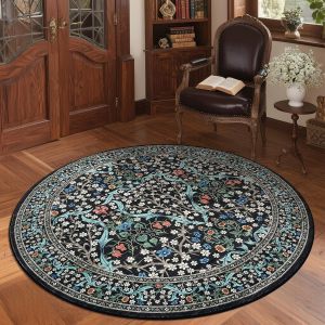 Black Floral 4 Ft round Rug Washable Non-Slip Soft Low Pile Small Circle Carpet Vintage Rugs for Kitchen Bedroom Nursery Dining Living Room