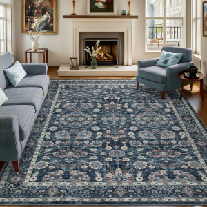 6X9 Vintage Washable Area Rug for Living Room,Low Pile Non Slip Carpet Non-Shedding Area Rug Soft Indoor Stain Resistant Rug Floral Print Mat for Bedroom Dining Room Blue