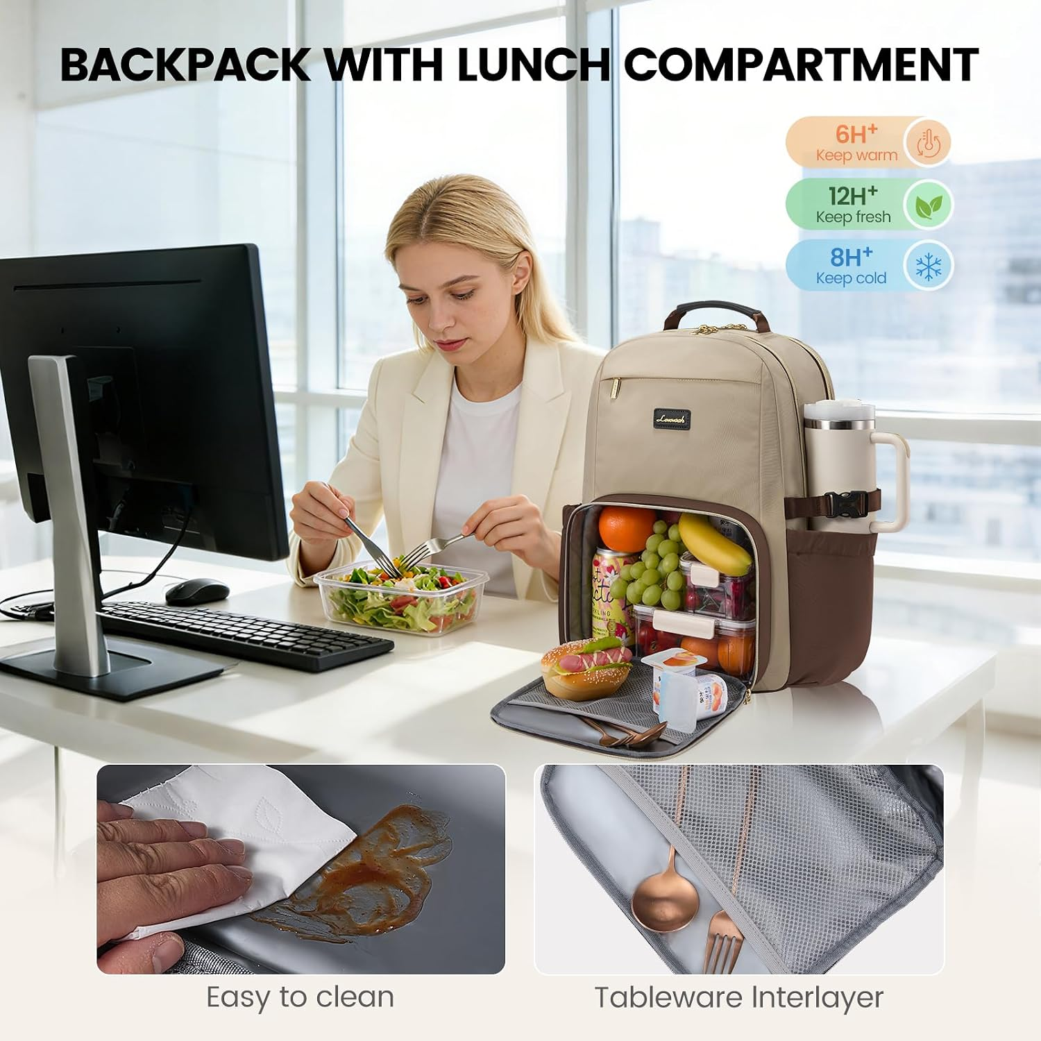 Lunch Backpack with Lunch Compartment,15.6Inch Laptop Work Travel Insulated Cooler Backpack,Waterproof College Teacher Lunch Bag Box with Tumbler Holder,Gifts for Men Women,Khaki-Coffee-Black - Image 2