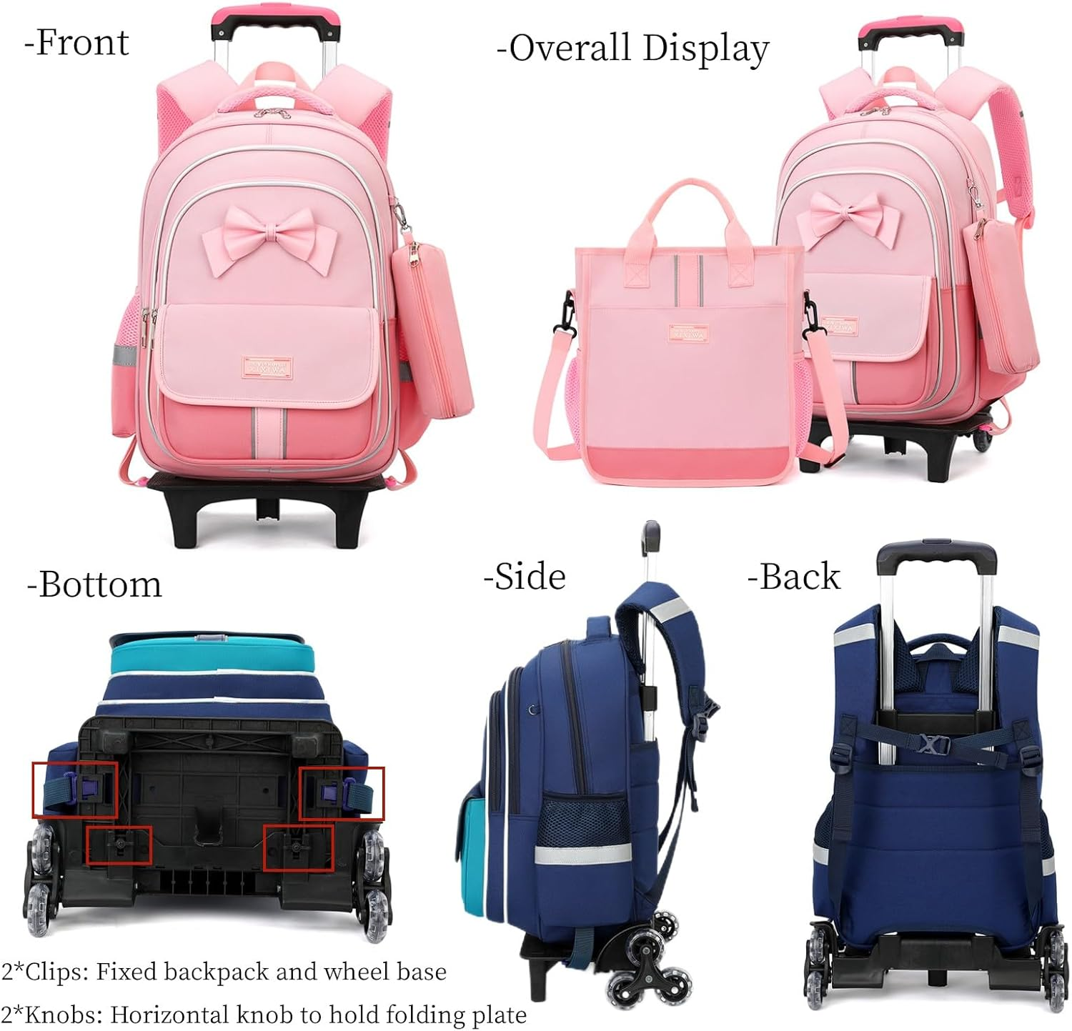 Rolling Backpack for Girls 3Pcs Elementary School Bag Cute Bowknot Backpack with Wheels Girls Bookbags with Handbag Trolley Bags Kids Carry-On Luggage - Image 7