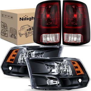 Headlight and Taillight Assembly Combo Compatible with 2009 2010 2011 2012 2013 2014 2015 2016 2017 2018 Dodge Ram for Quad Models Black Housing Amber Reflector with Dark Red Tail Light