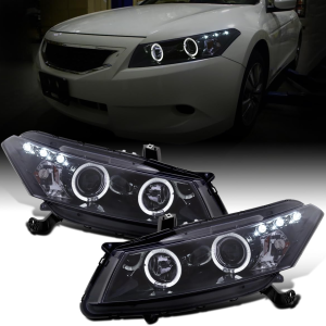- Fits 2008-2012 Honda Accord 2Dr Coupe LED Dual Halo Rims Running Lights Projector Headlights Assembly Pair | Black Smoke