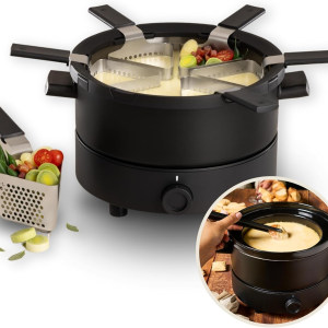 Evolution 3-In-1 Fondue Set for 6, Electric Fondue Pot with Double Boiler Bowl, 3L Stainless Steel Cauldron, 6 Perforated Baskets & Tongs, Adjustable Temperature Control