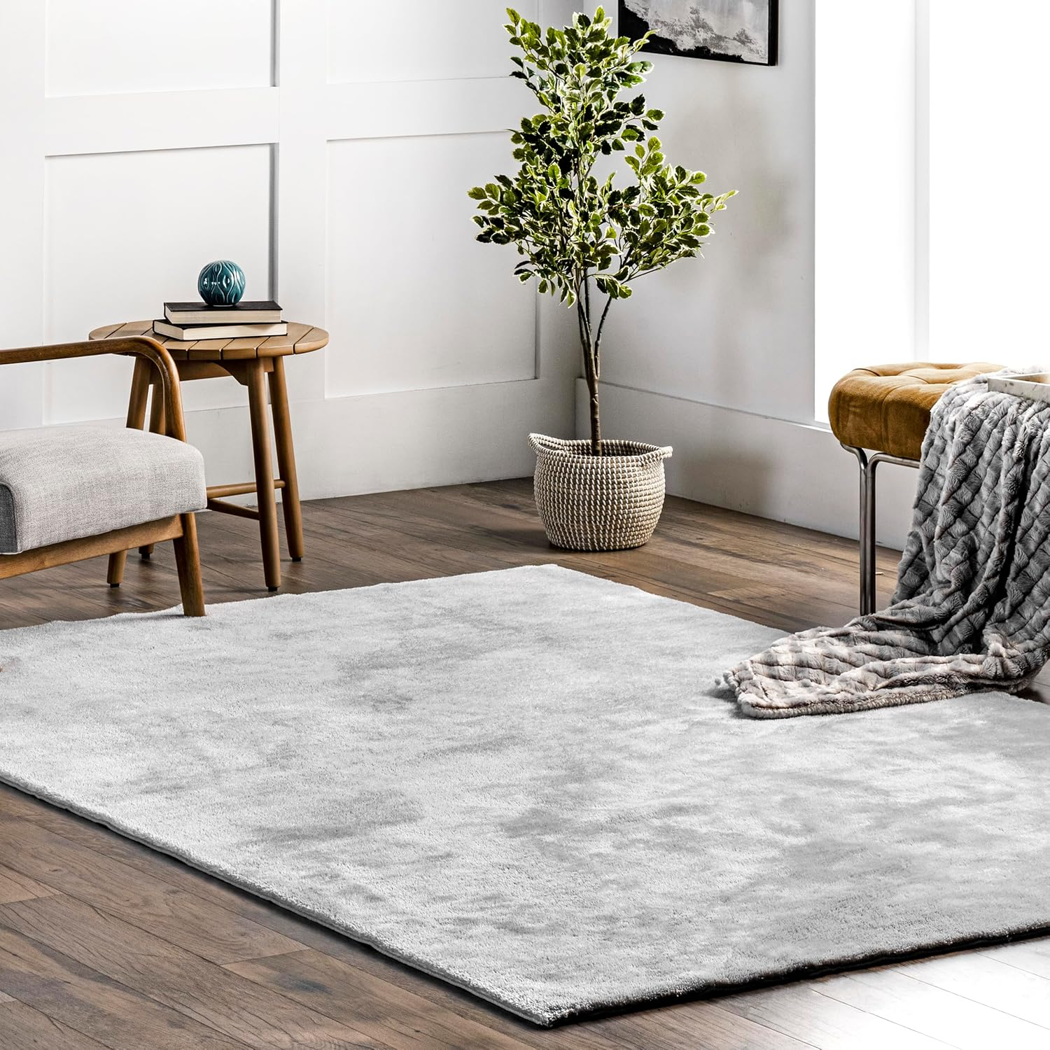 6' Square Cozy Plush Area Rug, Machine Washable, Non-Slip, Soft Fluffy Shag Carpet for Living Room Bedroom Kids Room Nursery Home Decor, Loni Light Grey