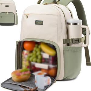 Lunch Backpack with Lunch Compartment,17 Inch Laptop Work Travel Insulated Cooler Backpack,Waterproof College Teacher Lunch Bag Box,Gifts for Men Women,White-Bean Green-Dark Olive Green