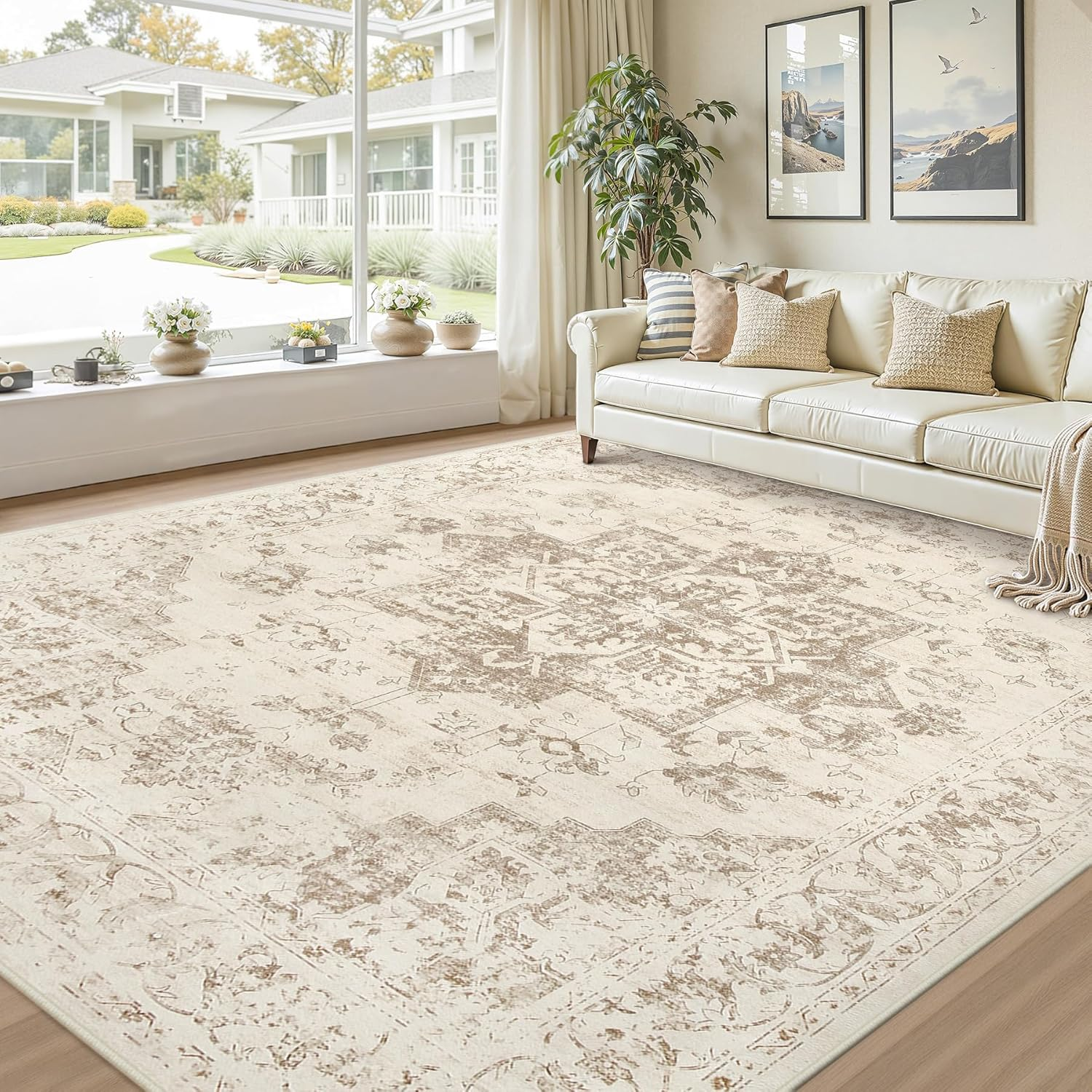 Area Rugs 9X12 Living Room: Vintage Boho Neutral Washable Rug Indoor Soft Large Area Rug Carpet for Bedroom Nursery Farmhouse Dining Room Office Floor Non-Slip Low Pile under Table Rug Beige/Ivory - Image 9