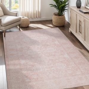 5X7 Vintage Washable Area Rug for Living Room,Low Pile Non Slip Carpet Non-Shedding Area Rug Soft Indoor Stain Resistant Rug Floral Print Mat for Bedroom Dining Room Pink