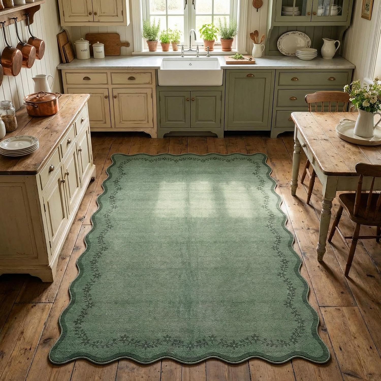 3X5 Scalloped Washable Area Rug for Bedroom,Soft Solid Dark Green Entryway Rug Farmhouse Kitchen Mat Non Slip Low Pile Carpet Stain Resistant Throw Rug for Bedside Kids Room - Image 3