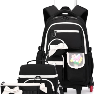 Rolling Backpack for Girls 3PCS Kids Backpack Set Cute Trolley Bags for Elementary Middle High School Wheeled Bookbags